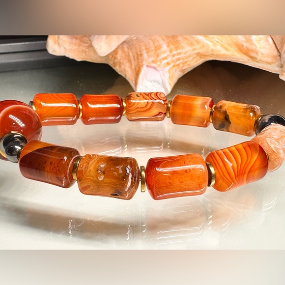 STRIPED AGATE + HAEMACHATES NATURAL STONES BRACELET size 7” - Picture 7 of 12